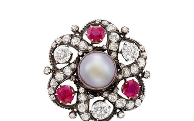 Antique Silver, Gold, Natural Gray Pearl, Diamond and Ruby Pendant-Brooch