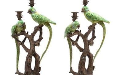 A Pair of Continental Bronze and Enamel Two-Light Candelabras