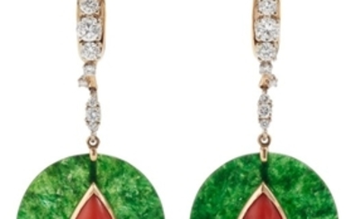 A Pair of Diamond, Jade and Coral Earrings