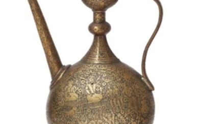 A Mughal brass ewer with later Persian...