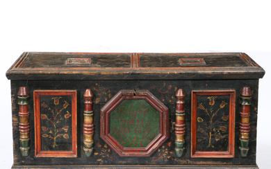 A 19TH CENTURY EUROPEAN PAINTED PINE MARRIAGE CHEST.