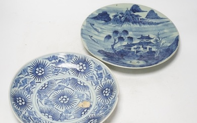 A 19th century Chinese celadon glazed blue and white landsca...