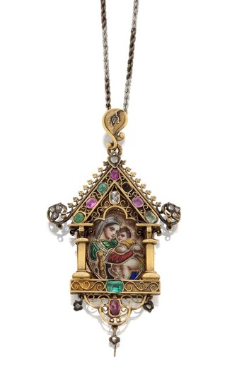 A 19th century gold, diamond gem and enamel icon pendant, the central polychrome painted enamel Madonna and child, later mounted within a gold portico, set with cushion shaped emeralds, pink sapphires and central oval old-brilliant-cut diamond, the...