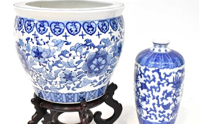 A 20th century Chinese blue and white jardinière or carp...