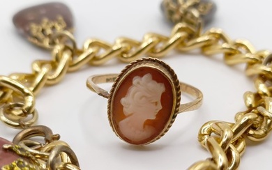 A 9ct gold cameo ring, and a gold plated bracelet, with asso...