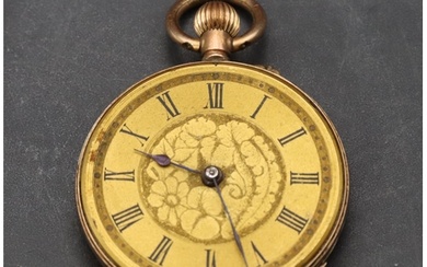 A 9ct gold fob watch (no bezel or rim) with gilt dial and Ro...