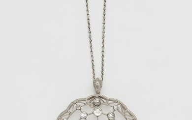 A Belle Epoque 14k rhodinated gold and diamond rosette pendant.