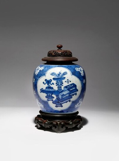 A CHINESE BLUE AND WHITE 'HUNDRED ANTIQUES' VASE KANGXI 1662-1722...
