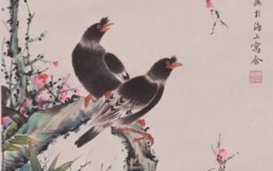 A CHINESE FLOWER AND BIRD PAINTING ON PAPER, HANGING SCROLL, MEI LANFANG MARK