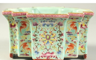 A CHINESE TURQUOISE GROUND FAMILLE ROSE PORCELAIN PLANTER, w...