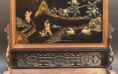 A Chinese Hard Stone & carved Wood Table Screen