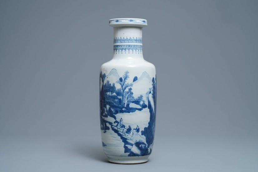 A Chinese blue and white rouleau vase with...