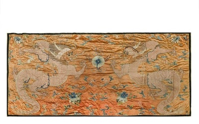 A Chinese orange-ground 'dragon' silk panel, early 19th century