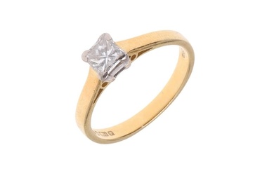 A DIAMOND SOLITAIRE RING. mounted with a square-shaped diamo...
