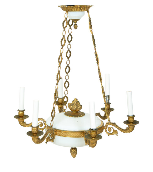A French Empire Style Gilt Bronze and Opaline Glass Six-Light Chandelier