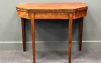 A George III line inlaid mahogany card table with canted rectangular top on tapered legs 73 x 92 x