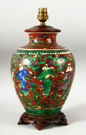 A JAPANESE KUTANI PORCELAIN LAMP VASE, with fitted