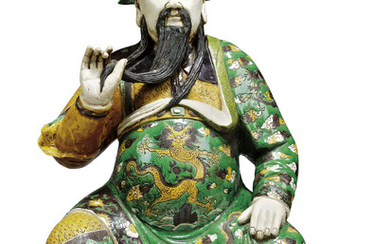 A LARGE CHINESE BISCUIT-ENAMELLED FIGURE OF GUANDI, 19TH CENTURY