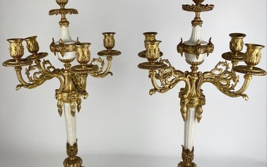 A LARGE PAIR OF ORMOLU MOUNTED MARBLE CANDELABRA