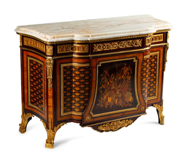 A Louis XVI Style Gilt Bronze Mounted Marquetry Marble-Top Cabinet