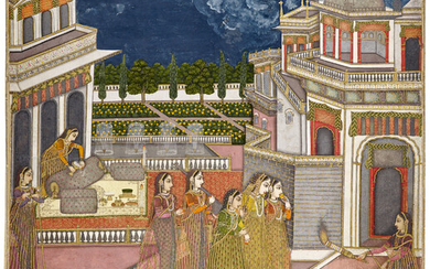A PAINTING OF A LADY BEING LED TO BED INDIA, PROVINCIAL MUGHAL, MURSHIDABAD, CIRCA 1770