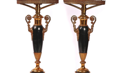 A PAIR OF FRENCH GILT-BRASS AND TOLE PEINTE SINUMBRA TABLE LAMPS