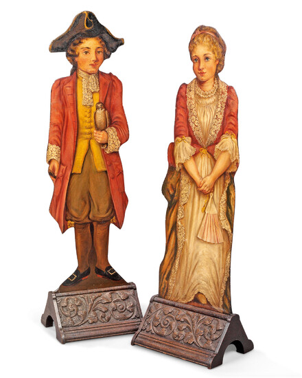 A PAIR OF PAINTED OAK DUMMY BOARDS DEPICTING A BOY AND A GIRL IN 18TH CENTURY DRESS, LATE 19TH CENTURY
