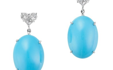 A PAIR OF TURQUOISE AND DIAMOND DROP EARRINGS each comprising a cluster of fancy cut diamonds