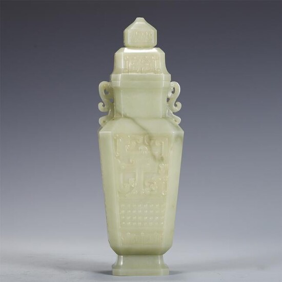 A PALE CELADON JADE VASE AND COVER