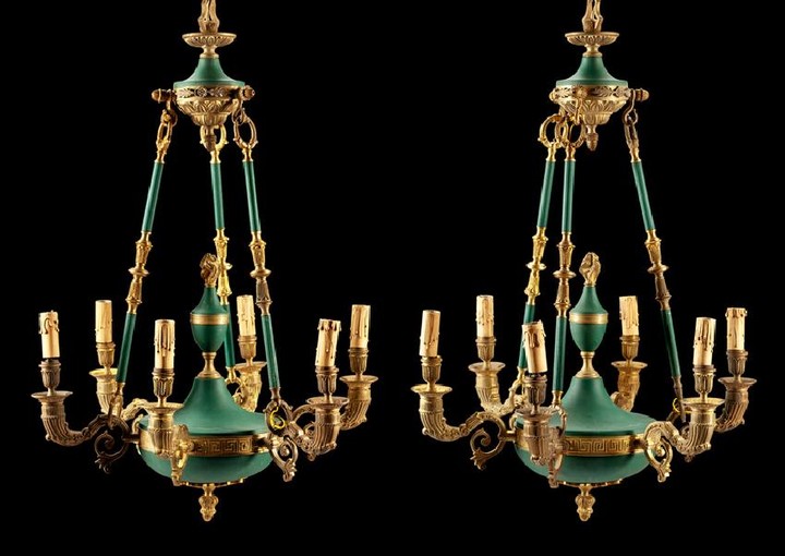 A Pair of Empire Style Six-Light Chandeliers
