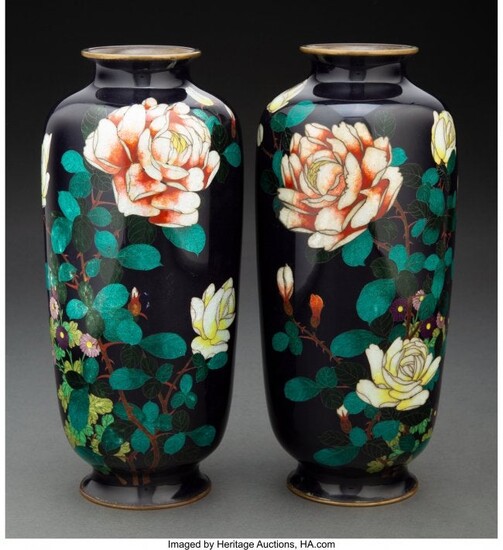 A Pair of Japanese Ginbari Cloisonné Vases 9-1/