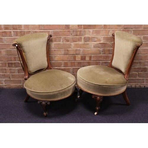 A Pair of Victorian Walnut Framed Drawing Room Chairs Covere...