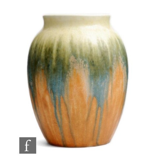 A Ruskin Pottery crystalline glaze barrel vase decorated in ...