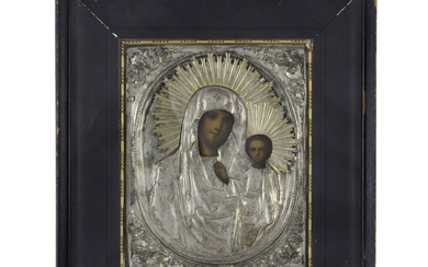 A Russian silver gilt oklad icon of Mother of God