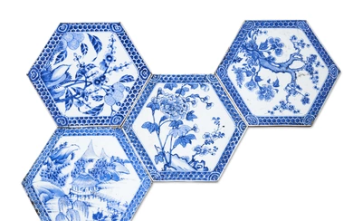 A SET OF FOUR BLUE AND WHITE HEXAGONAL TILES CHINA, 18TH CENTURY