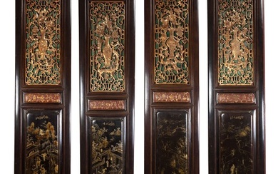A SET OF FOUR MONUMENTAL CHINESE CARVED WOOD DOOR PANELS, LA...
