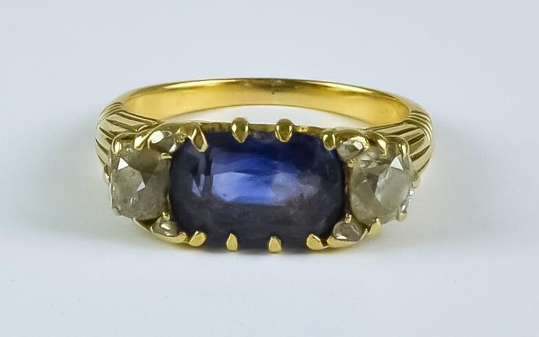 A Sapphire and Diamond Three Stone Ring, 20th Century,...