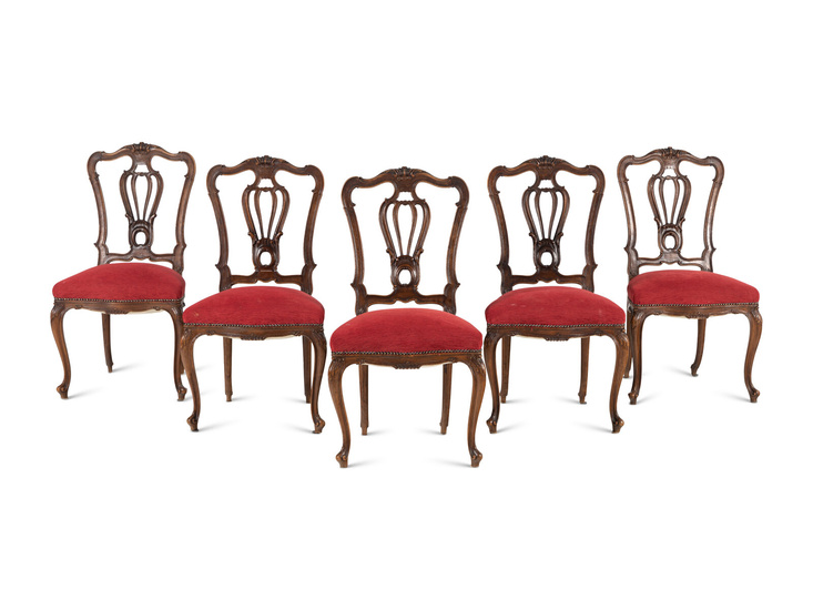 A Set of Five Louis XV Style Carved Walnut Dining Chairs
