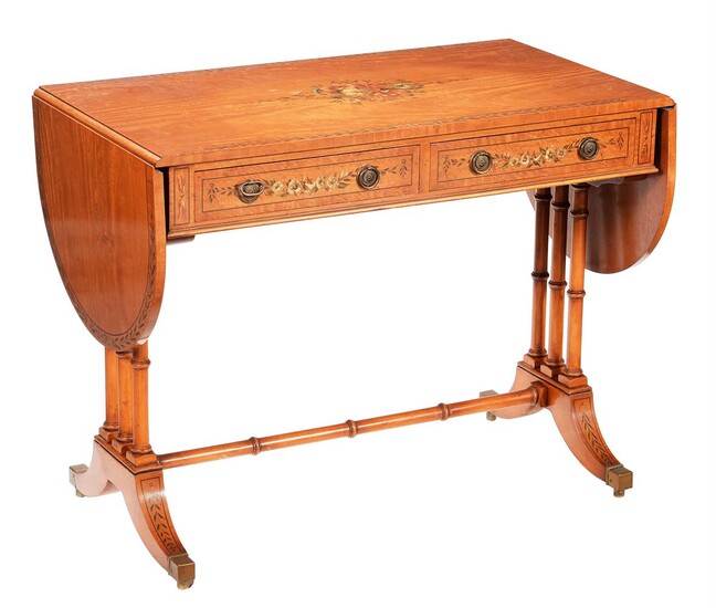 A Sheraton Revival satinwood and polychrome painted sofa table