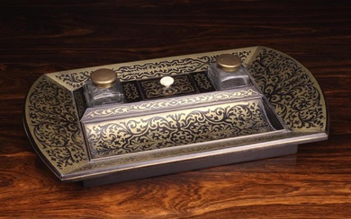 A Victorian Boullework Desk Tray. The rectangular tray with rounded ends inlaid contre-partie with s