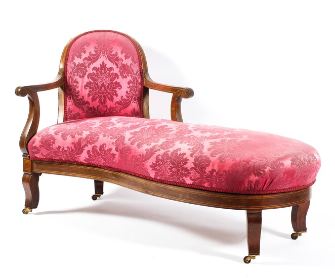 A Victorian chaise longue, of scroll form, inlaid with satinwood stringing