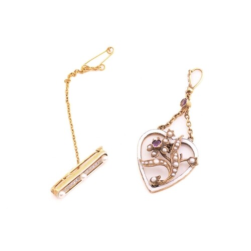 A Victorian gem-set heart pendant and a bar brooch; the pend...