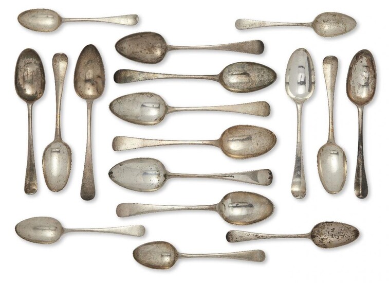 A collection of Georgian silver spoons, comprising six of Hanoverian pattern and eleven of old pattern, including a pair of George III tablespoons London, c.1806, John Lias, an old pattern tablespoon hallmarked London, c.1740, Gabriel Sleath, four...