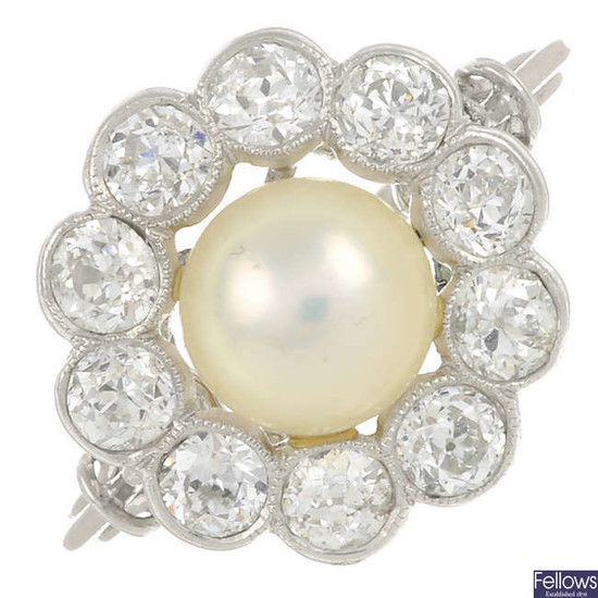 A cultured pearl and old-cut diamond cluster ring.