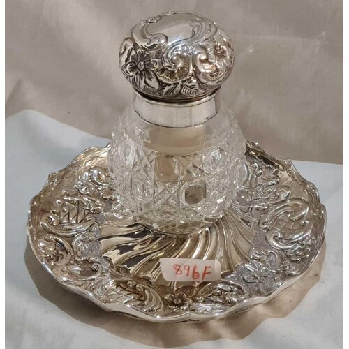 A decorative Victorian ink pot on a circular stand, cut glas...