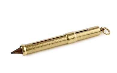 A gold propelling pencil, with engine turned decoration, the suspension...