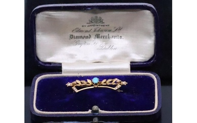 A gold seed pearl and turquoise set brooch approx. 1.9 grams...