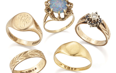 A group of five gold rings, comprising: a 9ct gold...