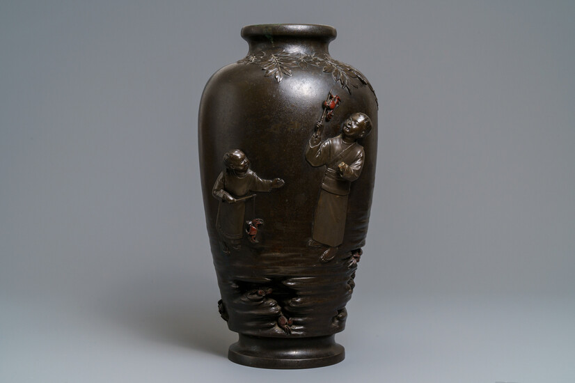 A large Japanese bronze vase with crab-fishing children, seal mark, Meiji, 19th C.