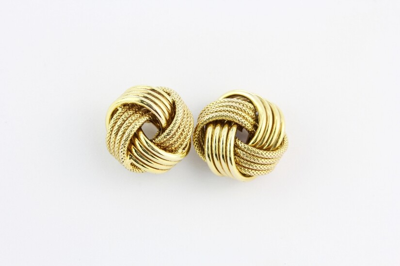 A large pair of 9ct yellow gold knot style stud earrings, L. 1.5cm.